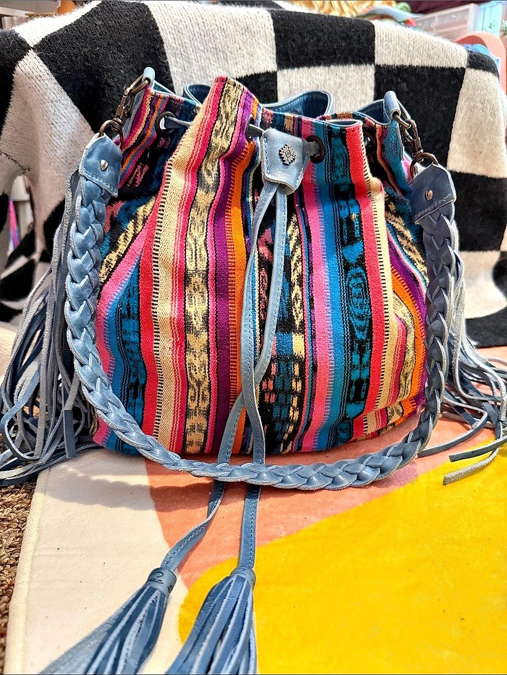 Nena and Co Leather Fringe Bucket Bag Blue & Multicolor